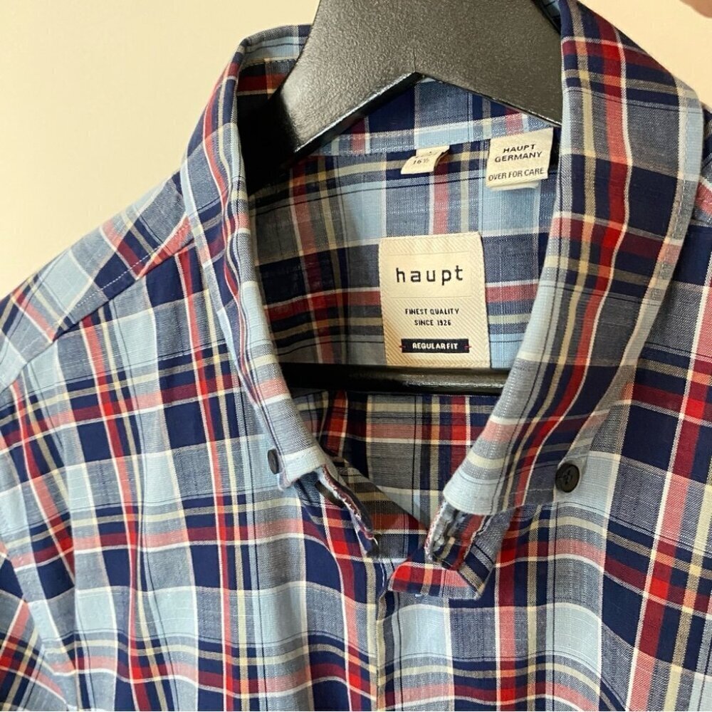 Haupt Regular Fit Short Sleeve Dress Shirt - Neck 16.5 41/42 Blue Plaid - Picture 3 of 17